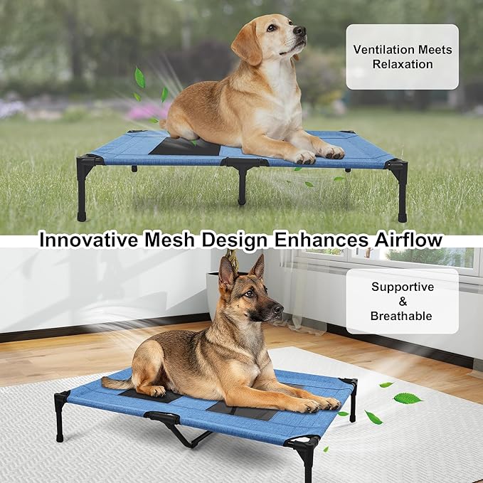 Raised Dog Bed Cooling Cot for Indoor Outdoor Use Portable Waterproof Mesh Pet Bed Washable for Large Medium Small Dogs, Blue