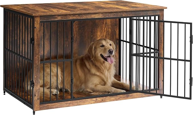 Feandrea Wooden Dog Crate Furniture, 48 Inches Heavy-Duty Kennel for Dogs up to 110 lb, with Double Doors and Enclosed Wood Base, Modern Pet Cage End Table Indoor, Rustic Brown