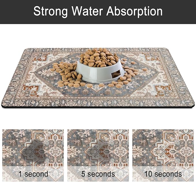 Dog Food Mats for Floors, Absorbent and Quick-Drying Pet Cat Food Mat,Anti-Fouling and Easy-to-Clean Pet Feeding Mat,Dog Bowl Mat for Messy Drinking Water Bowls.16 x24, Bohemia Style