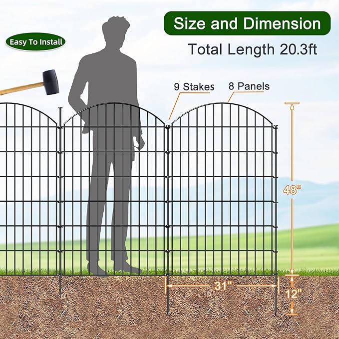 Metal Garden Fence 48in (H) x 20.3ft (L), 8 Panels + 9 Stakes Dog Fence Border Fence Animal Barrier, No Dig Garden Fencing for Yard Flower Bed Lawn Patio Outdoor, CTW4808 Black