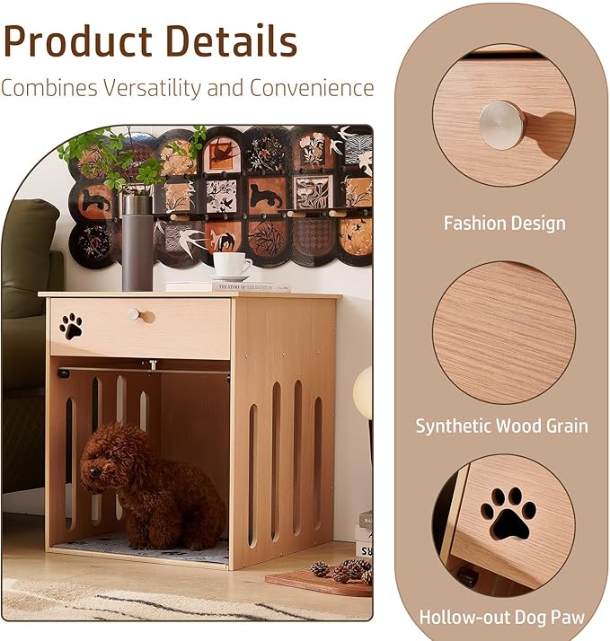 26 Inch Dog Crate Furniture for Small Dogs as Sofa Side Table with Flip-Up Acrylic Door, Storage Compartment & Charging Station