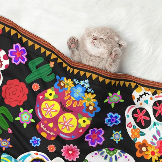 Mexican Blanket for Pet - Floral Skeletons Throw Blanket 40x30 Skull Couch Blankets for Puppy Dogs Cats