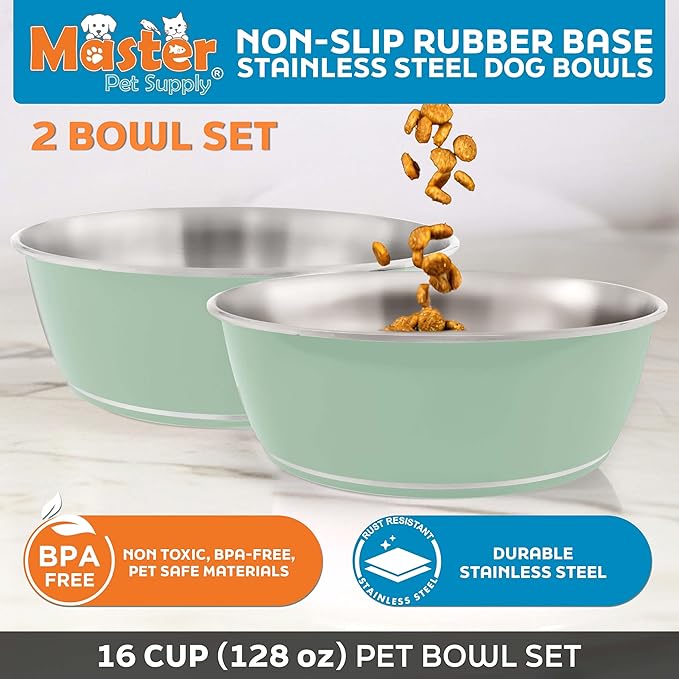Master Pet Supply Stainless Steel Dog Bowls Set of 2 (128 Oz Each) with Non-Slip Rubber Base - Pistachio - Basic Dog Food Bowl Water & Food Bowls for Small Medium Large Dogs & Cats, Metal Dish