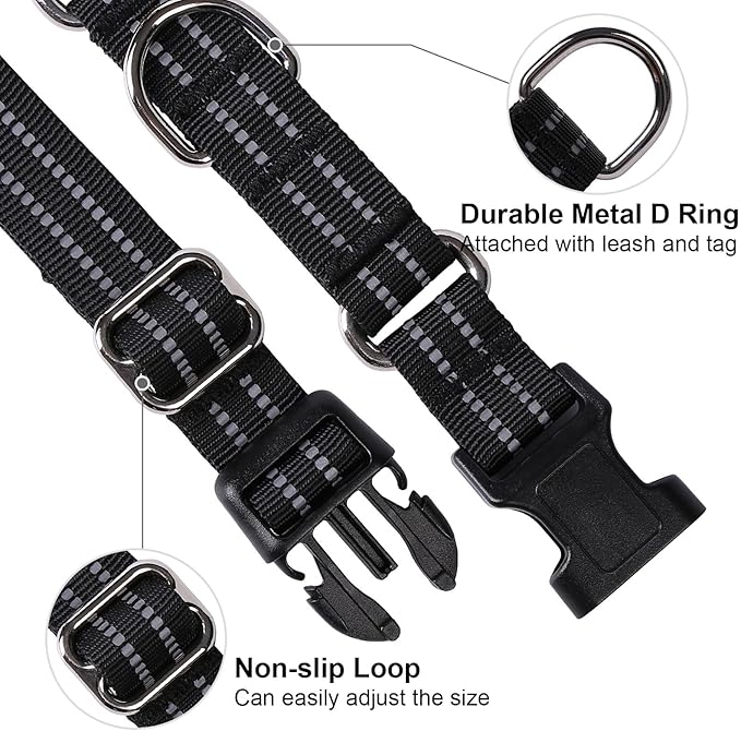 Martingale Dog Collar, Adjustable Nylon Reflective Collar with Buckle No Pull Dog Collar for Small Medium Large Dogs (Black L)