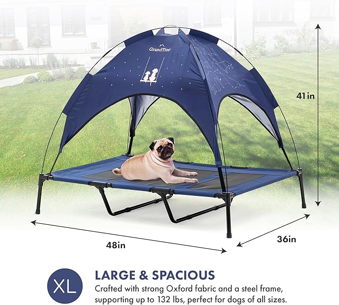 GrandTies Cooling Elevated Dog Bed with Canopy – XL Portable Pet Cot for Outdoor & Indoor Use – Waterproof Removable Shade, Breathable Mesh, Slip-Resistant Feet, Easy Assembly – Blue Berry