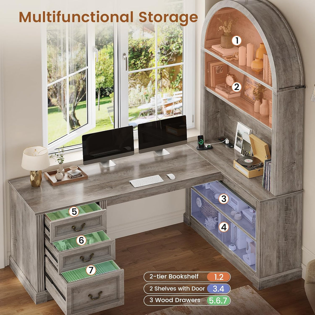 SEDETA 67" L Shaped Desk with Tall Arched Bookshelf & 3 Drawers Storage