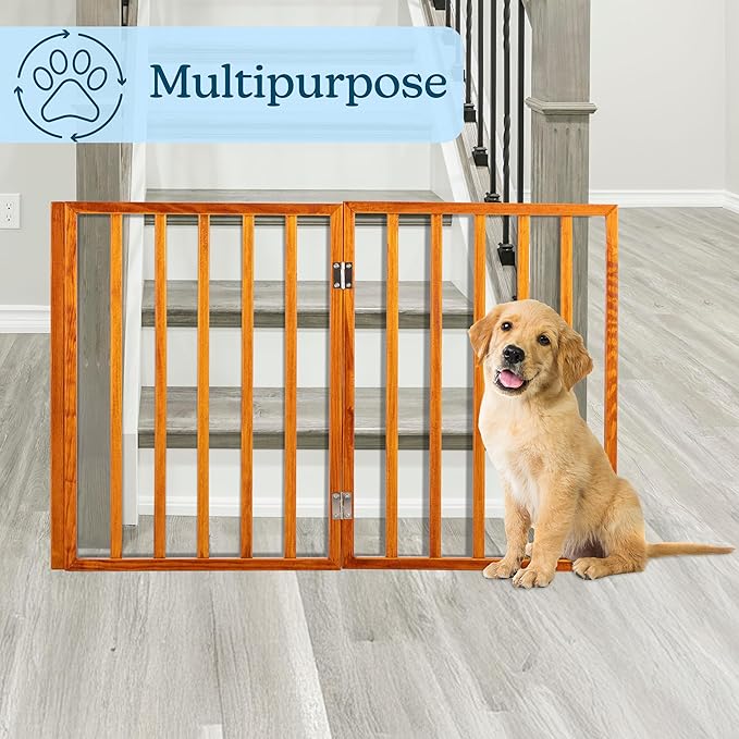 Pet Gate - 3-Panel Indoor Foldable Dog Fence for Stairs or Doorways - 54x24-Inch Retractable Wood Freestanding Dog Gates by PETMAKER (Mahogany)