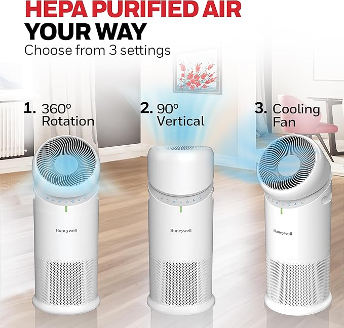 Honeywell Allergen Plus™ 3-in-1 HEPA Air Purifier for Home, Fan & Adjustable Airflow for Large Rooms up to 1928 Ft², Air Quality Sensor, Reduces Allergens, Pet Dander & Odors, HPA6000, White