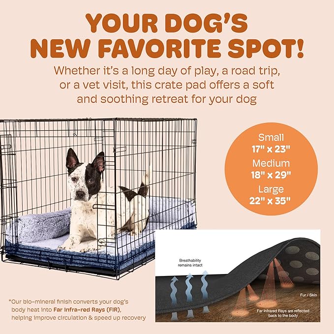 Dog Gone Smart Chill Kuzzi Dual Bolster Crate Pad - Washable Dog Bed Infused with Far Infrared Rays (FIR) - Supportive Plush Cushion for Crates, Travel, and Recovery - Slate Blue, Small 17 x 23 Inches