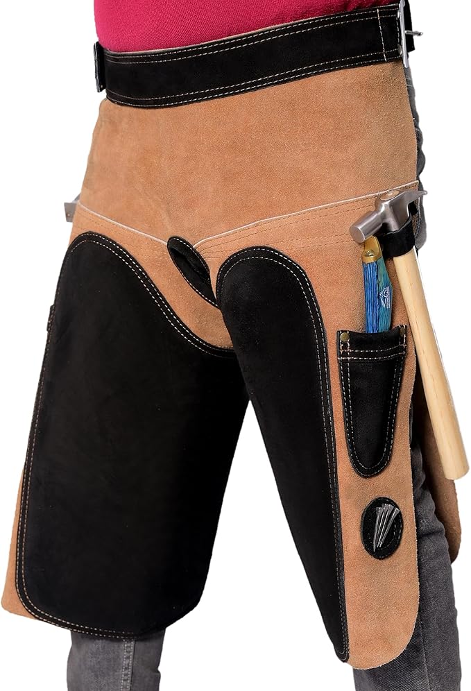 Equine Care Professional Farrier Apron - Premium Leather Farrier Chaps with EVA Foam Padding, Adjustable Ergonomic Fit, 2 Hoof Knife Pockets & 2 Nail Magnets, for Hoof Trimming & Horseshoeing Tasks.