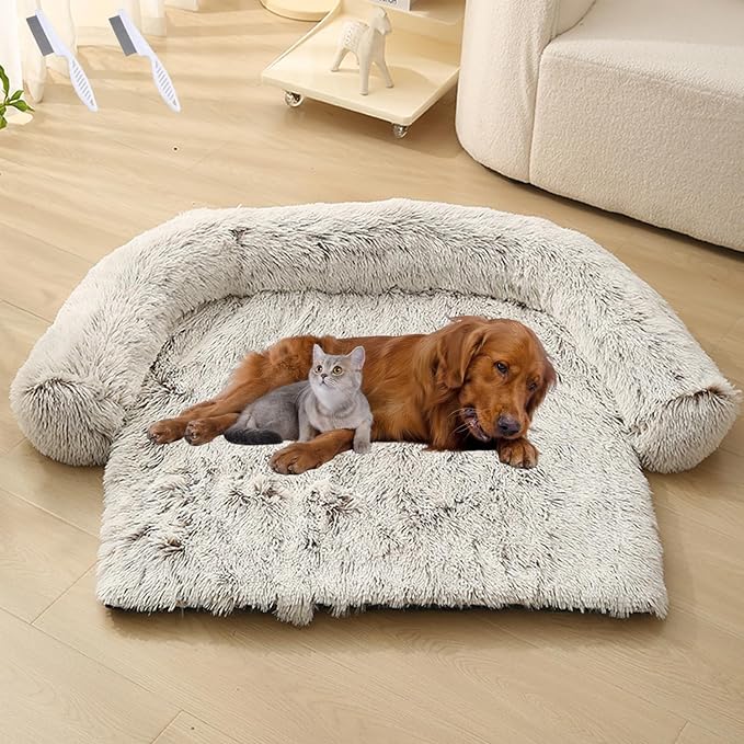 Dream Cloud Pet Sofa Bed for Dogs Cats, 2026 Washable Removable Calming Fluffy Plush Mat for Furniture Protector, Long Fur Non-Slip, for Small/Medium/Large Home Pets (Coffee, S：27.6 * 24in)