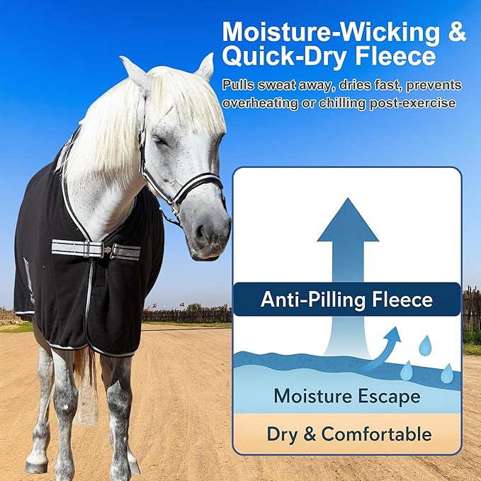 Horse Fleece Cooler, Blanket Liner - 300g Anti-Pilling Fleece, Moisture-Wicking, Cooling & Drying for Post-Workout, Bath & Travel, Prevent Overheating & Chilling Black 66