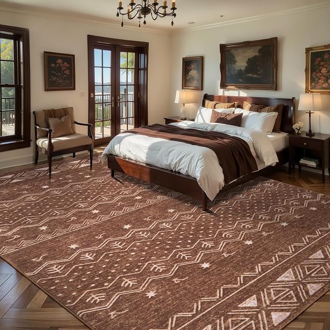 SERISSA 9x12 Area Rugs for Living Room, Washable Non-Slip Coffee Brown Boho Rug