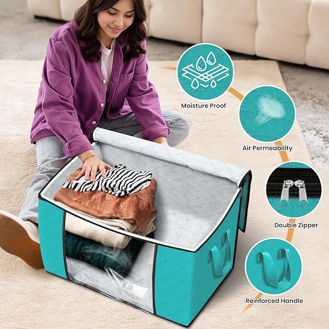 Fab totes 24 Gallons Clothes Storage, Foldable Thick Fabric Blanket Storage Bags, Containers for Organizing Bedroom, Closet, Clothing, Comforter, Organization with Handle (6 Pack,Green)