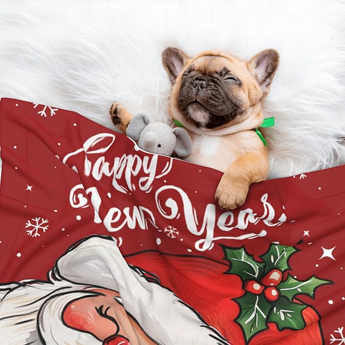 Happy New Year Throw Blanket - Red Xmas Blanket for Dog Cat Pet 23x16 Santa Blankets for Couch Sofa Bed