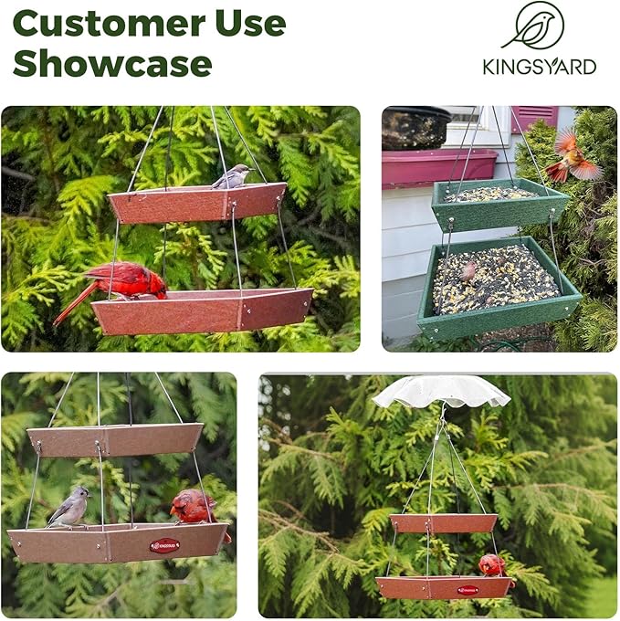 Kingsyard 2 Tier Large Platform Bird Feeders for Outdoors Hanging, 5 lbs Capacity Recycled Plastic Flat Mealworm Bird Feeder Tray, Garden Decoration Attracting Cardinal Blue Jay, Brown