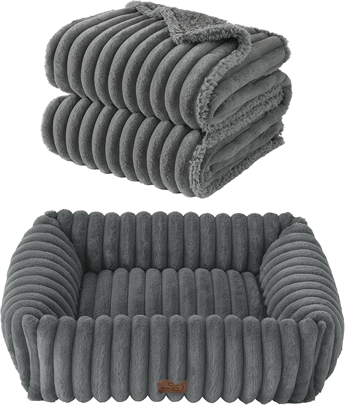 Bedsure Cute Dog Bed for Small Medium Dogs 25x21x7inches Waterproof Dog Blankets for Small Dogs 25"x35" Warm Grey