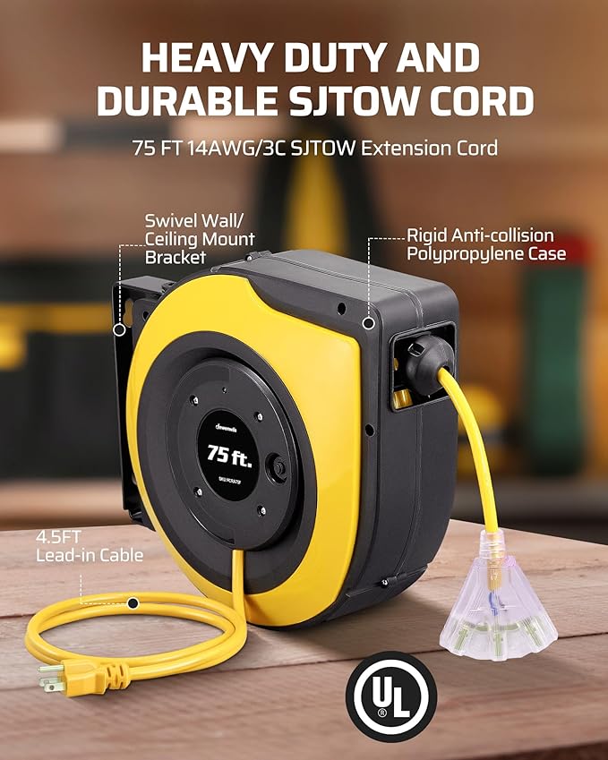 DEWENWILS Retractable Extension Cord Reel, 75 FT Heavy Duty Power Cord, 14/3C SJTOW Retractable Cord Reel, Lighted Triple Outlets, 10A Circuit Breaker, Wall/Ceiling Mount, UL Listed, Yellow