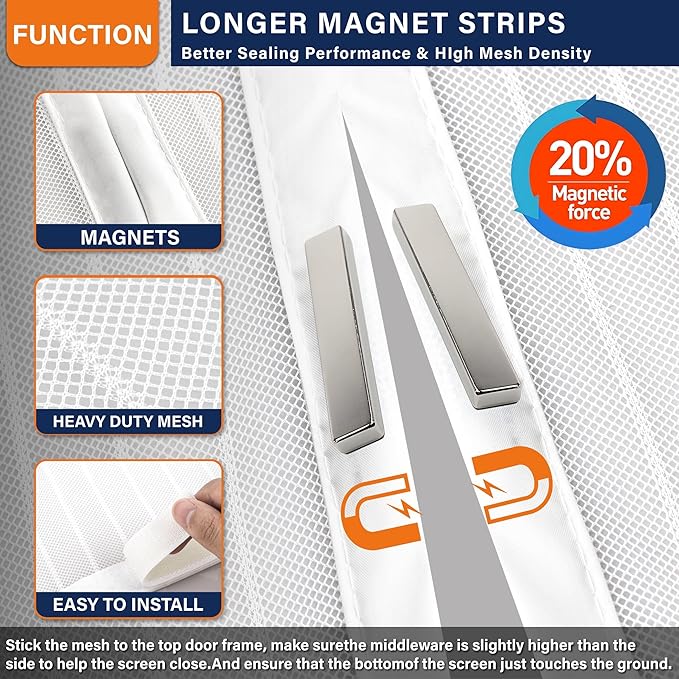 Magnetic Screen Door，Screen Door Mesh，Keep Bugs Out, Heavy-Duty Mesh Curtain,Pet and Kid Friendly, Works with Front Doors, Sliding Doors（38x82 Inch White
