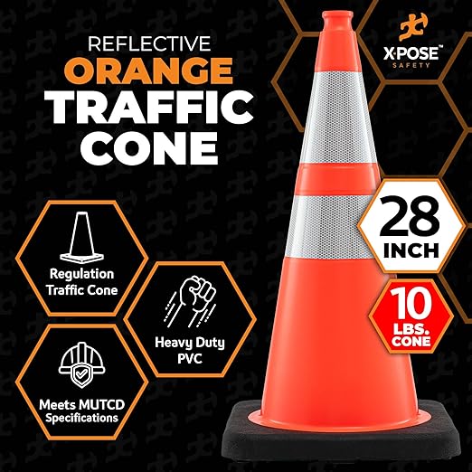 Xpose Safety 28 Inch Orange Traffic Cones Heavy Duty 10lb with 6" & 4" Collars, 1 Pack - Multipurpose PVC Plastic Safety Cone for Parking, Soccer, Caution, Kids and Construction - DOT Approved
