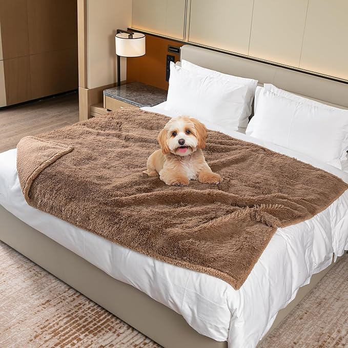 Waterproof Dog Calming Blanket Brown Long Faux Fur Pet Throw Blankets for Couch Sofa Bed Cover Washable(Brown,L-65x57in)