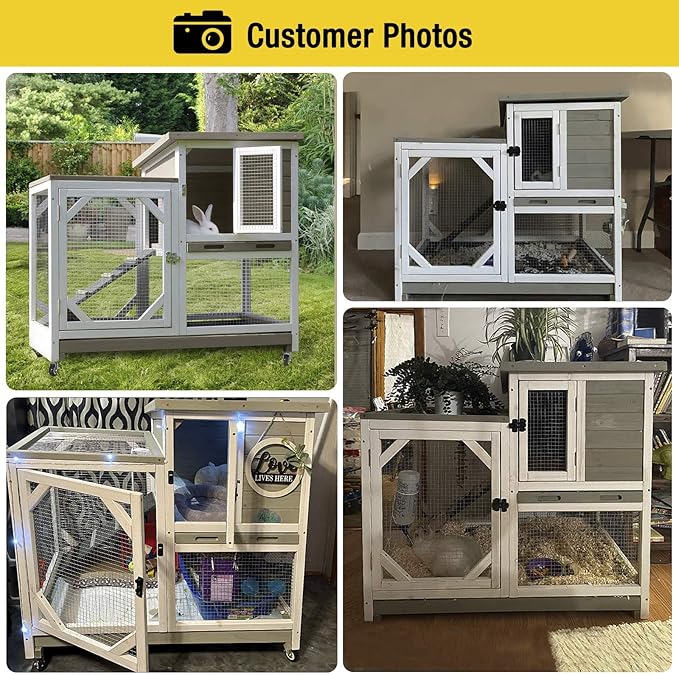 Aivituvin Upgrade Rabbit Hutch Rabbit Cage Indoor Bunny Hutch with Run Outdoor Rabbit House with Two Deeper No Leak Trays - 4 Casters Include (Mocca Color Without Bottom Wire Netting)