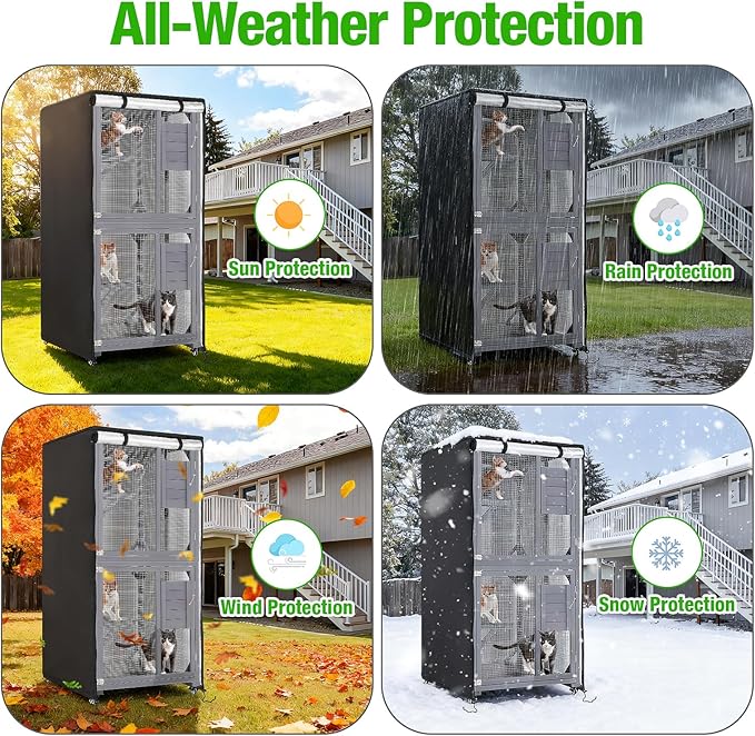 Kingling Outdoor Cat House Cover, Waterproof and Dustproof Protection Cover for Large Cat Cage Condo/Cat House Cover Black(Cover Only) - 32" L x 32" W x 71" H inch