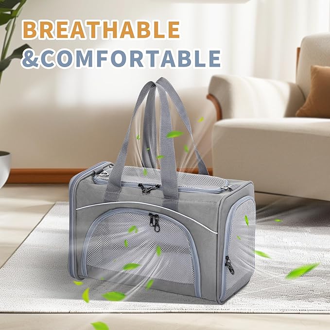 ‌Petsfit Airline Approved Pet Carrier for Small Dogs & Cats, 19x9x12 TSA Approved Carrier, with Removable Dual-Sided Padding (2-Way Placement) - Fits Under Most Airplane Seats, Escape Proof (Grey)