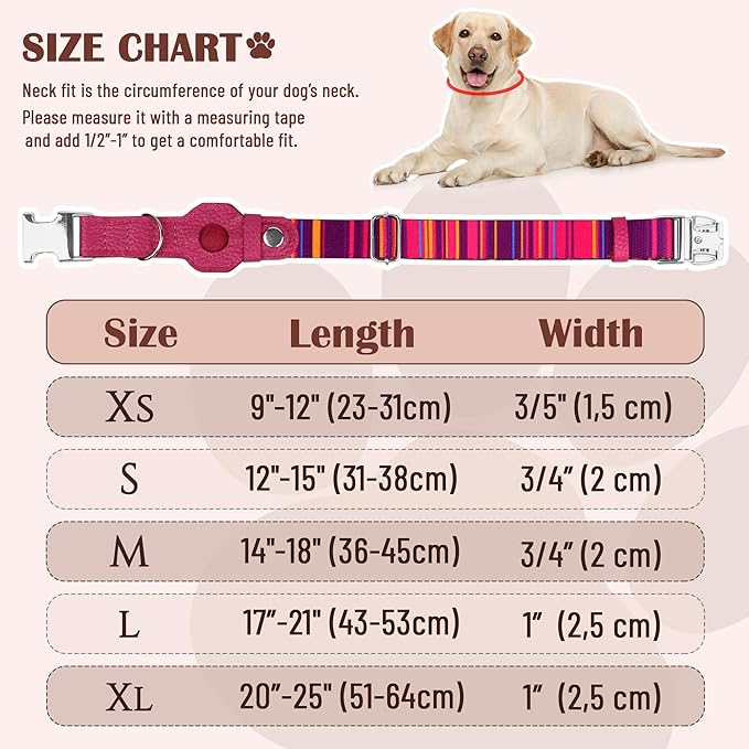 AirTag Dog Collar for Small Medium Large Breed - Adjustable Cute Pattern Dog Collar with Airtag Holder - Soft Leather Tracker GPS Apple Air Tag Pet Collars (X-Large, 20"-25" Neck Fit, Striped)