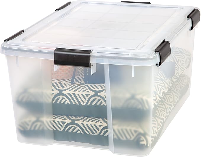 IRIS USA WeatherPro 63 Qt Storage Bins with Lids, 2 Pack, BPA-Free Plastic Gasket Box with Tight Latch and Seal, Stackable Nestable Tote Tub - Clear/Black