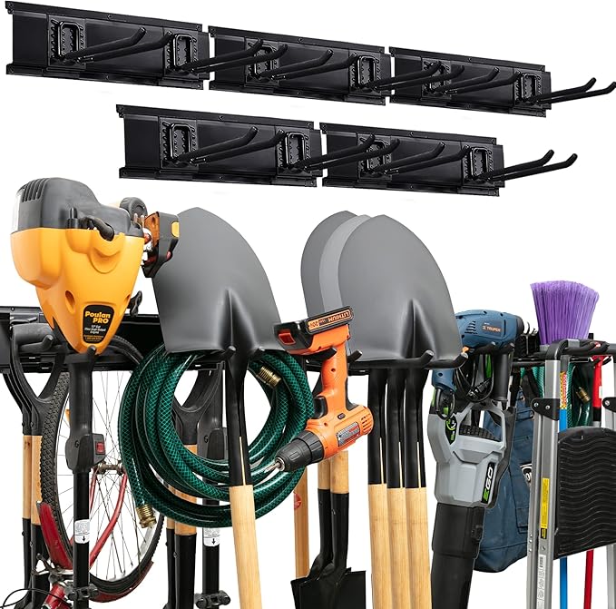 TIDYME Garage Tool Organizer Wall Mount - 80 inches - Sturdy Storage Rack with Adjustable Hooks, Anti-Rust - Easy Installation, 500lbs Capacity - Garden Tool Organizer (05 Racks & 10 Hooks)