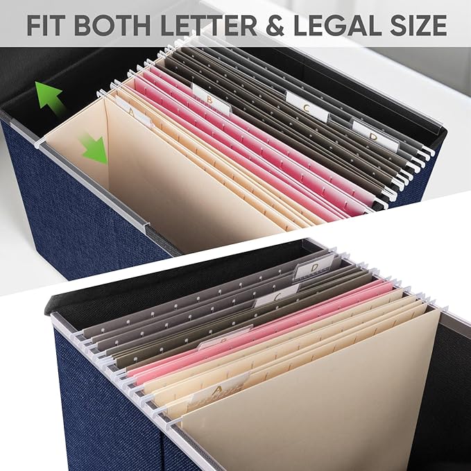 BALEINE File Organizer Box with Lid, Collapsible File Folder Organizer with Plastic Slide, Hanging File Folder Box for Office Document Storage (2 Pack, Blue)