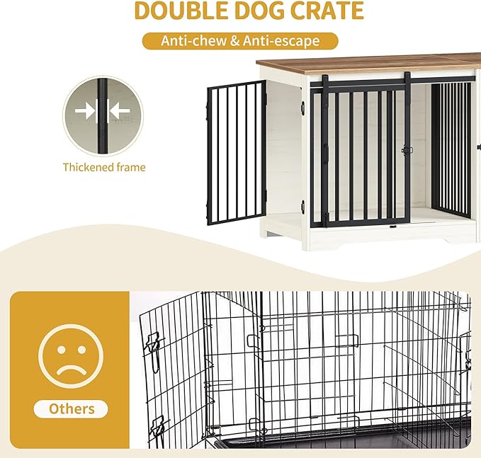 54" Dog Crate Furniture for 2 Dogs, Double Dog Cage with Divider, Wooden Heavy Duty Dogs Kennel, Pet Cage with Barn Door, TV Stand for Large Small Medium Pet, White Brown DFC88314B