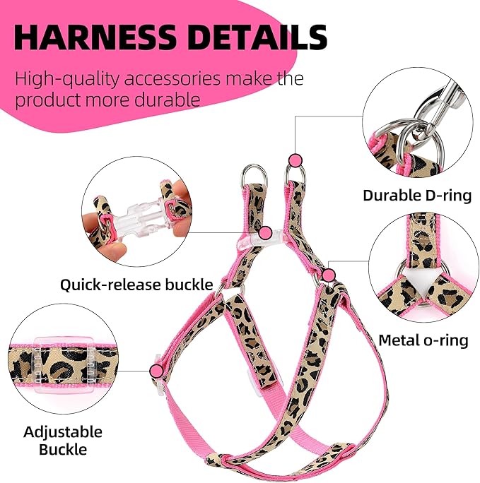 Mile High Life Leopard Dog Harness Collar Leash Set, Adjustable No Pull Dog Halter Harness for Small Breed Dogs, Easy Control for Training Walking (Pink, S Chest 11"-18", Neck 10"-14")