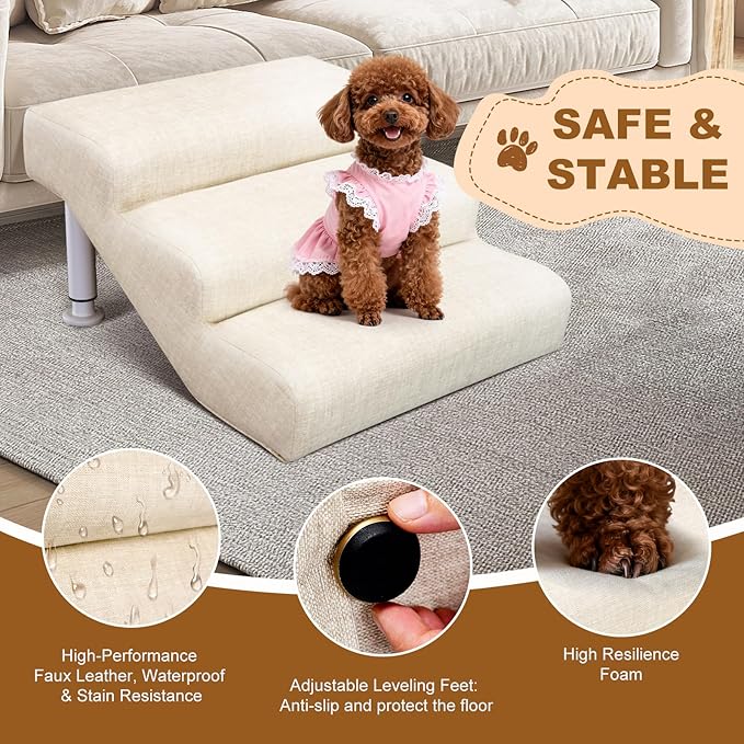 Adjustable Dog Stairs & Ramp for Cats and Dogs, 3-Step Pet Stairs for High Beds and Couch, 11.8"–14.5" Height, Linen Faux Leather, Waterproof, Scratch-Resistant, Non-Slip Indoor Pet Ramp
