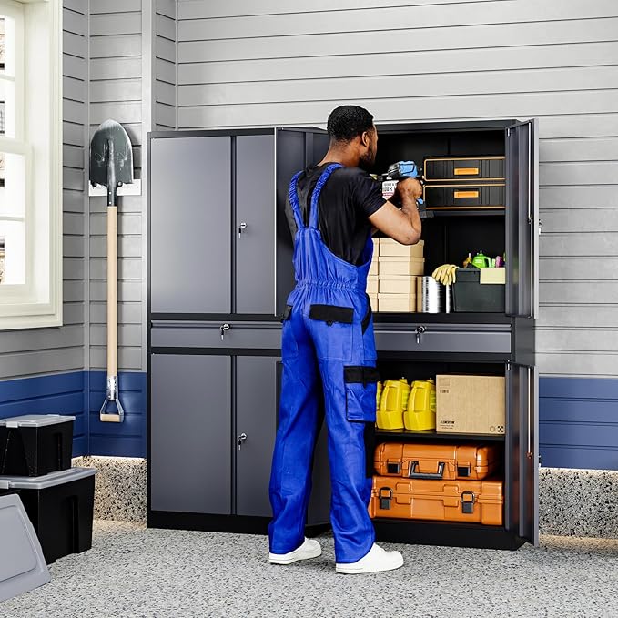 Yizosh Metal Garage Storage Cabinet with Locking Doors and Adjustable Shelves, 71" Steel Tool Storage Cabinet with 1 Drawer for Garage,Office,Warehouse (Gray Black)