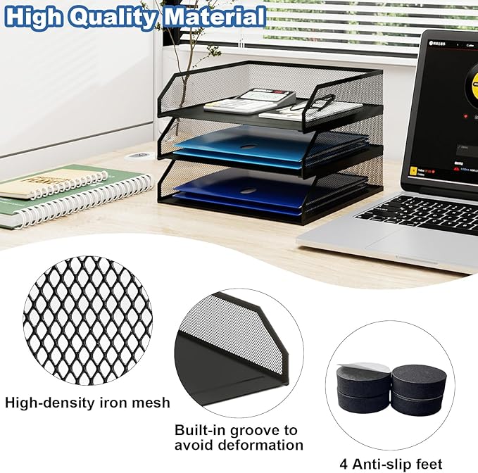 Natwind 3-Tier Stackable Paper Tray, Metal Mesh Desktop Organizer, A4 Paper Sorter, Letter Trays,File Folder Sorter Organizer with Sliding Tray for Home, Office, School (Black)