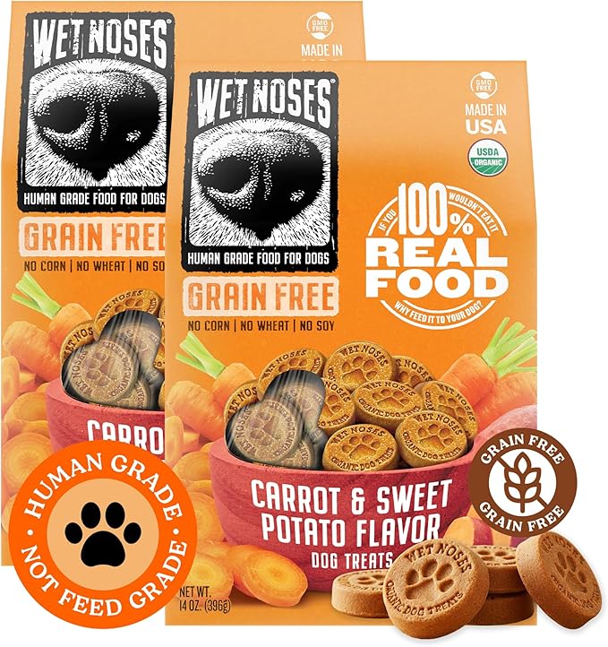 Wet Noses Organic Crunchy Dog Treats Grain Free – All-Natural, Human-Grade, Non-GMO, Healthy Training & Delicious Snacks for Dogs, for All Dog Sizes & Breeds – Carrot & Sweet Potato, 14oz (2 Pack)