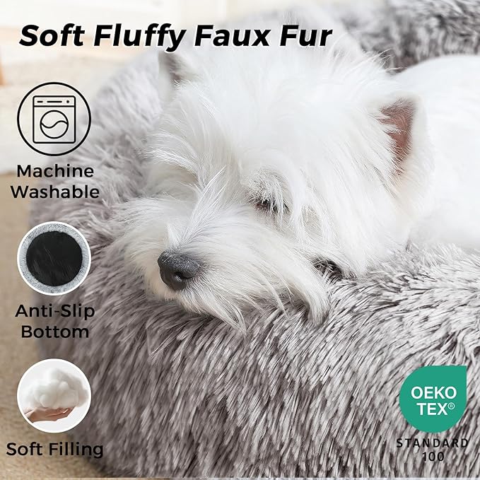 Calming Dog Bed & Cat Bed with Anti-Slip Bottom, Medium Size Washable Anti-Anxiety Donut Dog Beds for Small Dogs & Cats, Fluffy Plush Cozy Round Dog Bed(24 Inch, Brown)