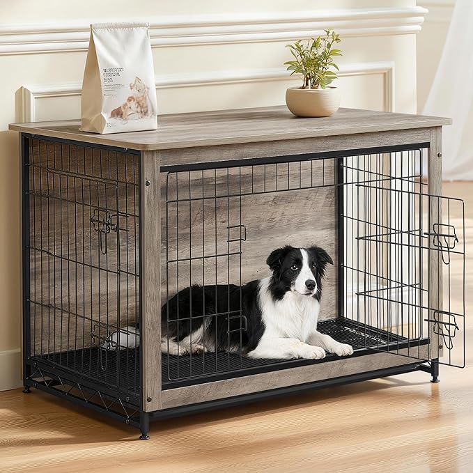 Feandrea 38.6" Dog Crate Furniture, Indoor Dog Cage Side End Table, XL Pet Wood Kennel for Large and Medium Dogs up to 70 lb with Multi-Purpose Removable Tray, Double-Door Pet House, Greige