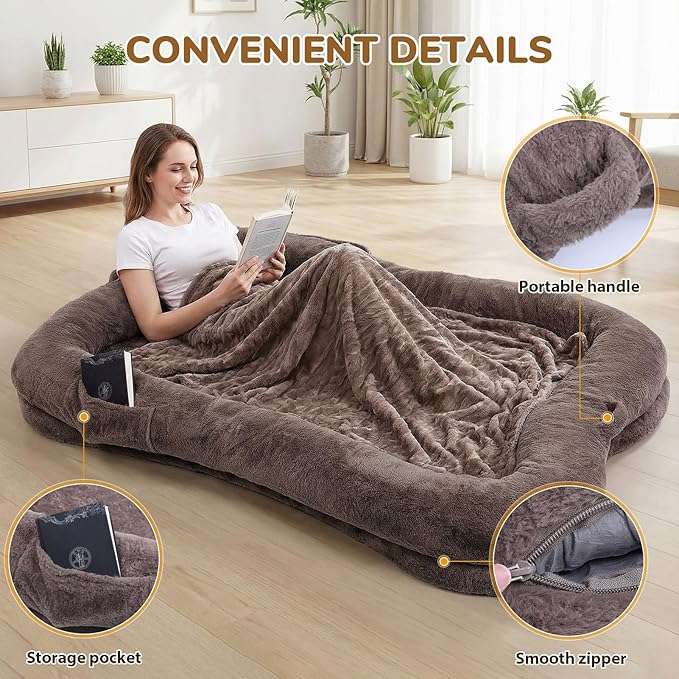 Human Dog Bed, 71 x 47 x 12 in Washable Extra Large Dog Bed for People, Giant DogBed with Storage Pockets, Brown