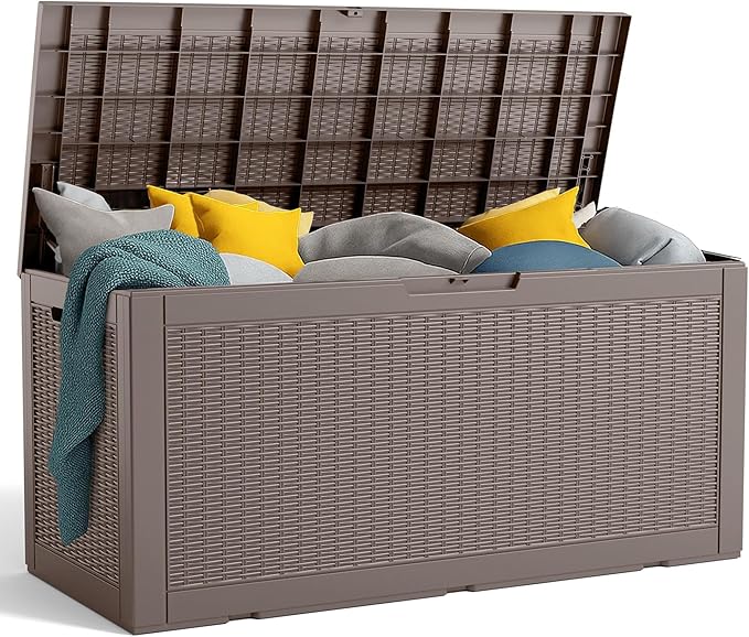120 Gallon Resin Deck Box, Lockable Patio Outdoor Storage Box for Furniture, Garden Tools and Tools Storage, Waterproof Outside Storage Boxes - Grey