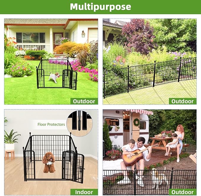 ADAVIN 48 in(H) Garden Fence, Low Threshold Door, Yard Fence for Dogs, 4 Panels Total 8.9 Ft(L) Garden Fencing Animal Barrier, Black Iron Metal Heavy Duty Pet Fences,Dog Digging Fences Barrier