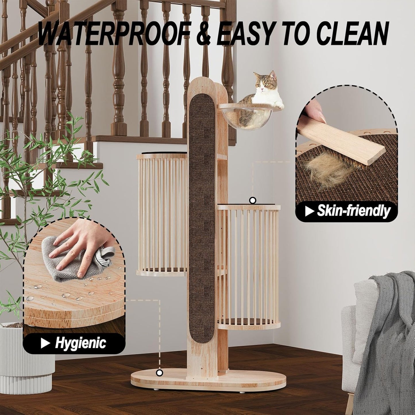 Modern Cat Tree Tower for Indoor Cats, 67" Tall Solid Wooden Cat Tower with Scratching Posts, 6 Level Natural Luxury Cat House with Big Bed, Washable Cushions Cat Furniture for Large Cats White Brown