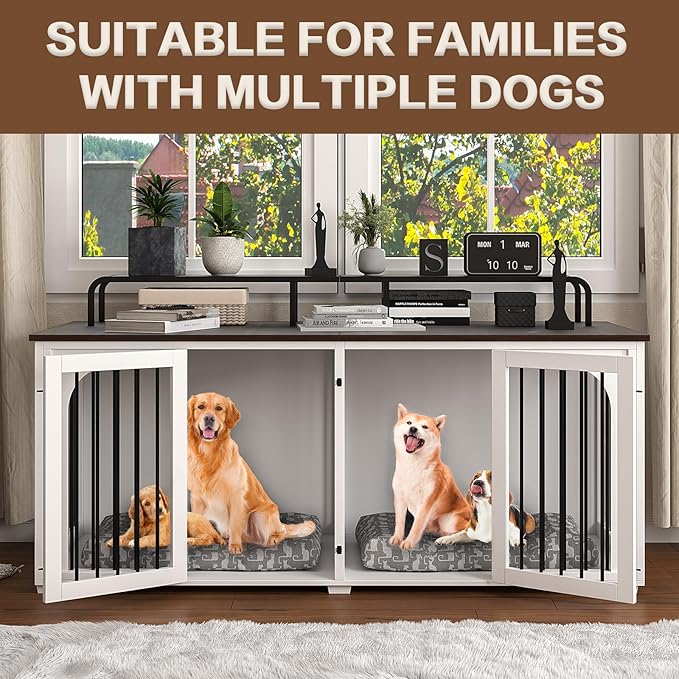 Large Dog Kennel Furniture for 2 Dogs,74.8'' XXL Wooden Double Dog Crates Cage Furniture Style with Divider for Large Breed with Storage Rack Shelf TV Stand Table Indoor,White