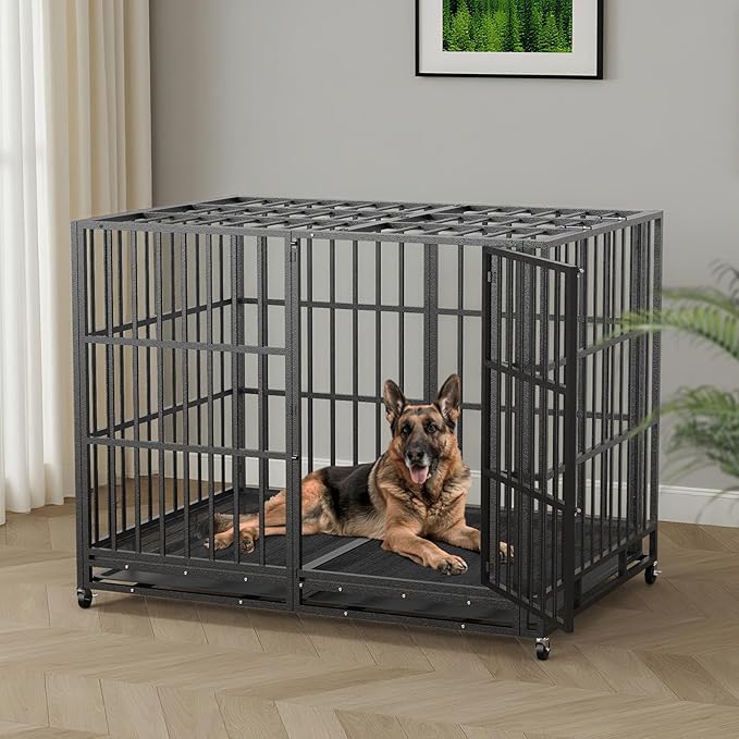 60 Inch Heavy Duty Dog Crate Indestructible XL Steel Escape Proof, Indoor High Anxiety Cage Kennel with Wheels, Removable Tray, Extra Large Kennel XL XXL