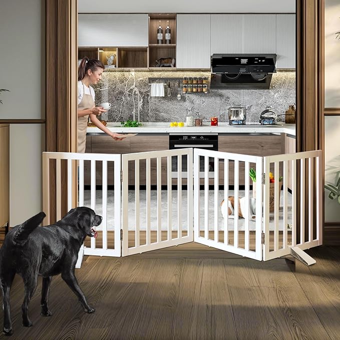 ZJSF Freestanding Indoor Dog Gate for House Foldable Wood White Puppy Gate for Doorways Pet Gate for Stairs Extra Wide Pet Fence 24" Height 4 Panels