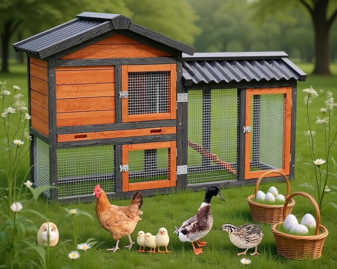 Chicken Coop, Chicken Run,Small Wooden Duck Coop Outdoor 2-Tier Hen House All Weather Used Poultry Quail Cage Rabbit Pet Hutch House with Ramp for Small Animals Outside (Brown with Black)