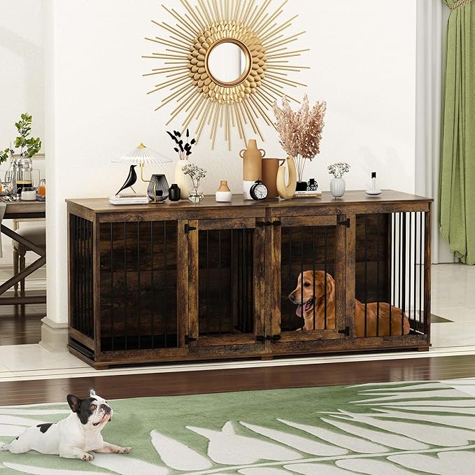 Large Funiture Style Dog Crate for 2 Dogs, 70" Wooden Dog Kennel Furniture with Removable Divider & 2 Trays, Indoor Heavy Duty Dog House w/Double Rooms for Large Medium Dogs, Brown
