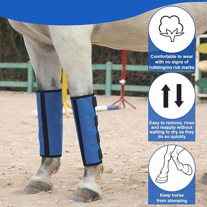 Horse Fly Boots Set of 4 - Non-Slip Leg Guards Extra Tough Mesh Ventilated, Adjustable Horse Fly Leggings Reduce Stomping & Hoof Stress & Leg Fatigue RoyalBlue Medium